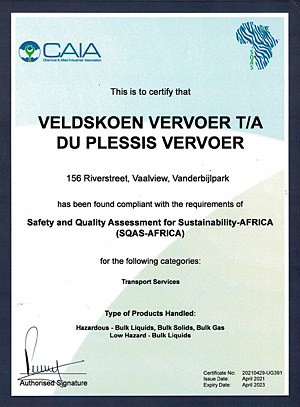du Plessis Vervoer Chemial Transporters SQAS Approval